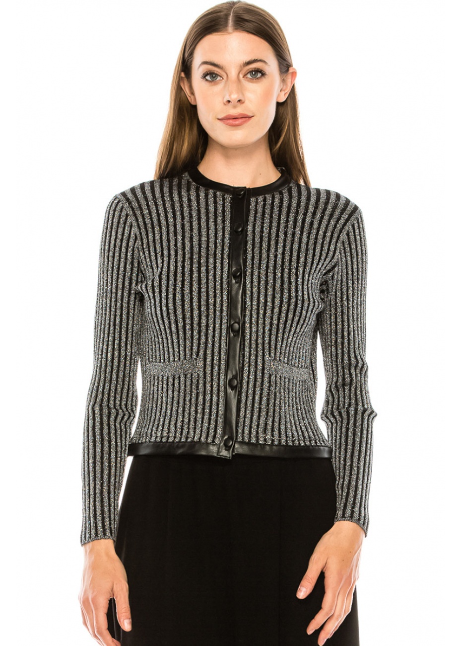 Leather trim lurex cardigan in silver